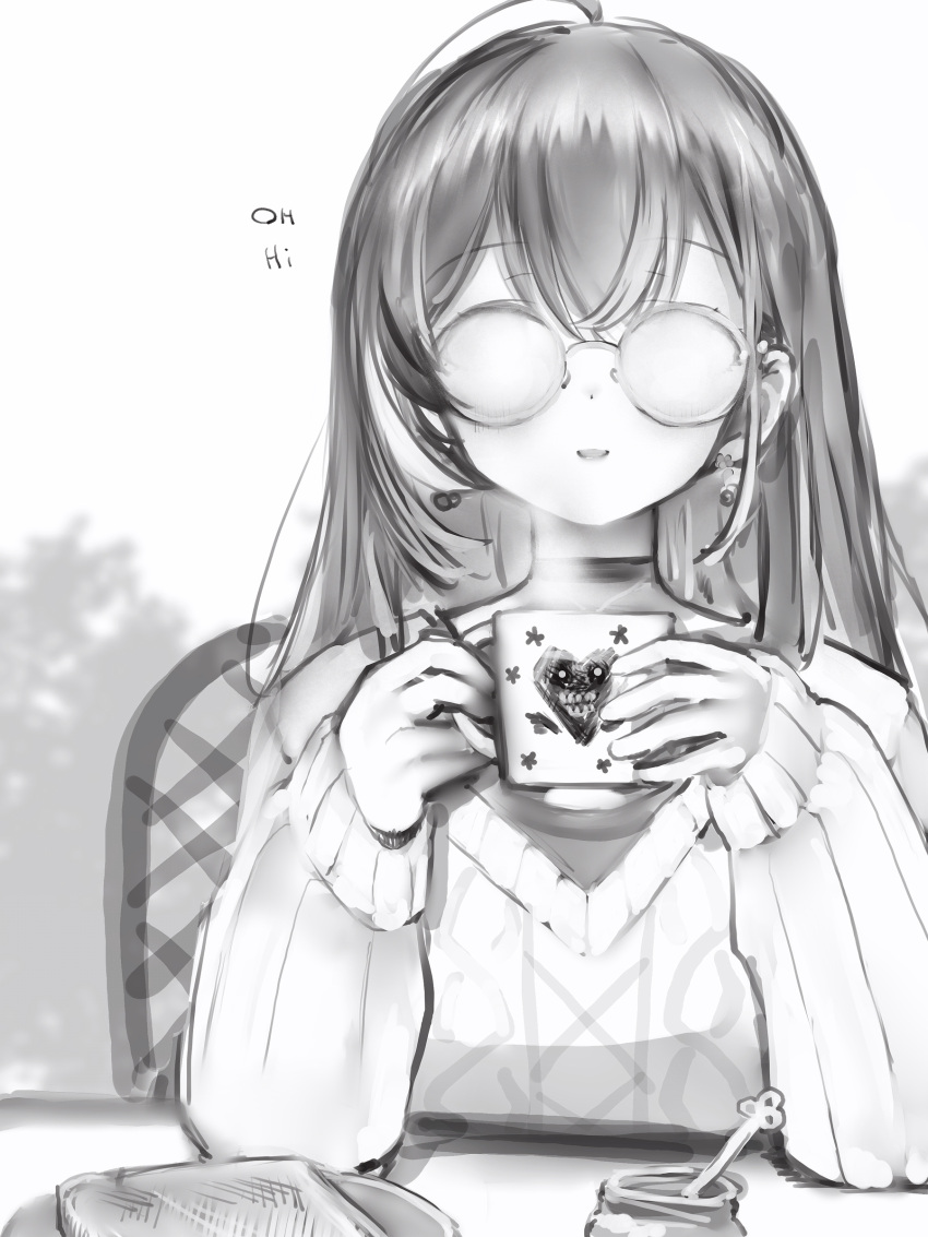 1girl, absurdres, ahoge, berry, black_choker, chair, choker, cup