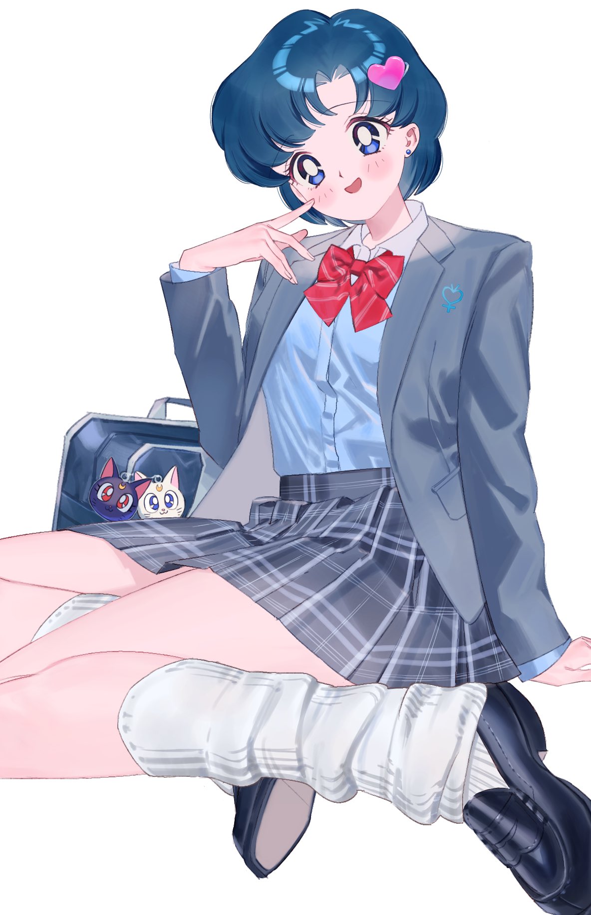 1girl, artemis_(sailor_moon), bag, bishoujo_senshi_sailor_moon, black_footwear, blue_eyes, blue_hair, blush, earrings, hair_ornament, heart, heart_hair_ornament, highres, jewelry, keychain, loose_socks, luna_(sailor_moon), mizuno_ami, open_mouth, p_m_ame, red_ribbon, ribbon, short_hair, simple_background, skirt, socks, solo