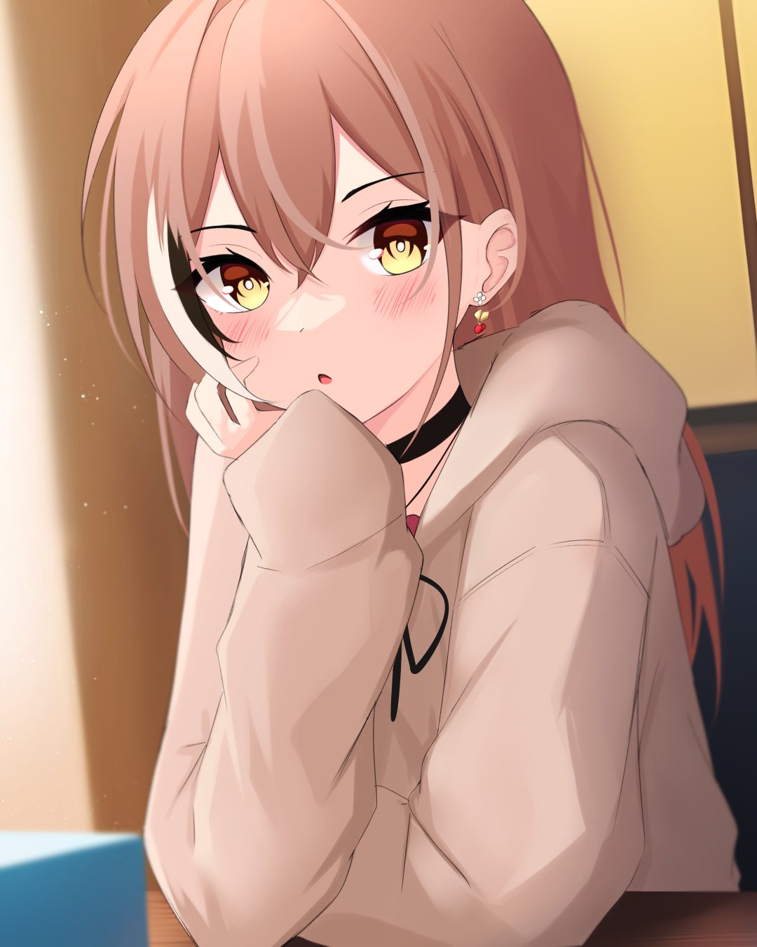 1girl, berry, black_choker, blush, brown_eyes, brown_hair, brown_hoodie, choker