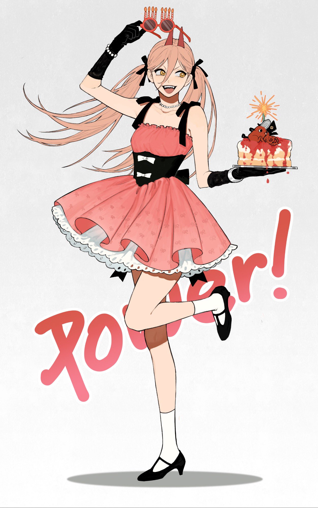 1girl, bare_shoulders, black_footwear, black_gloves, black_ribbon, bracelet, breasts, cake