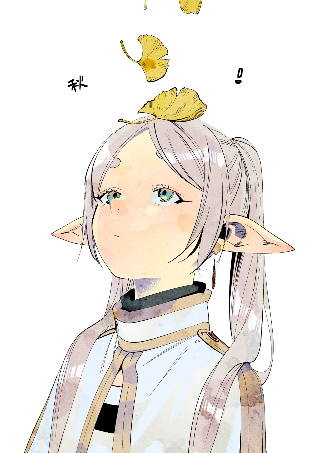 !, 1girl, abe_tsukasa, capelet, closed_mouth, earrings, elf, falling_leaves