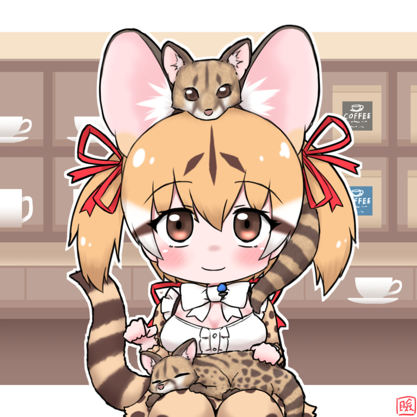 1girl, animal_ears, bow, bowtie, brown_eyes, brown_hair, cafe, cat, cat_ears, cat_girl, cat_tail, closed_mouth, cup, extra_ears, highres, kemono_friends, kemono_friends_v_project, kneehighs, large-spotted_genet_(kemono_friends), long_hair, looking_at_viewer, mabuta_(mbt), microphone, ribbon, shirt, skirt, socks, suspenders, tail, teacup, twintails, virtual_youtuber