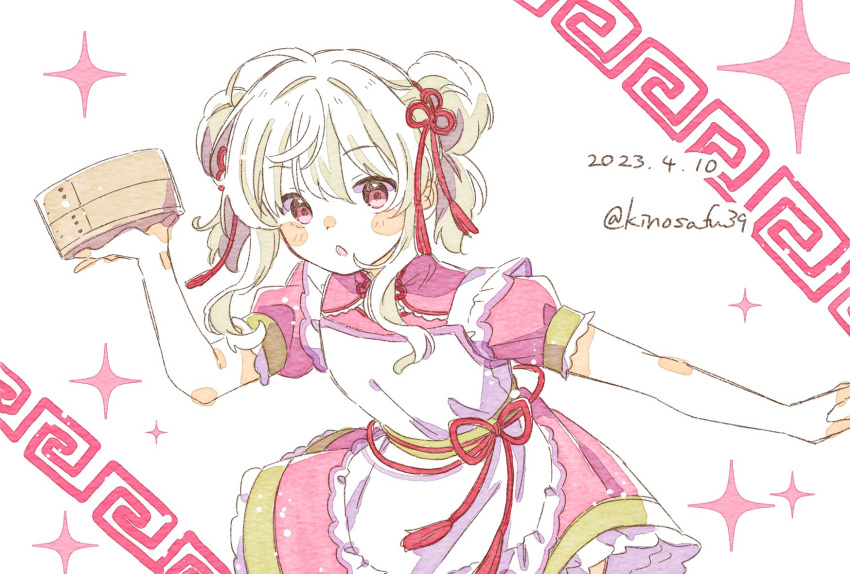 1girl, alternate_costume, alternate_hair_length, alternate_hairstyle, apron, bamboo_steamer, blush_stickers, chestnut_mouth