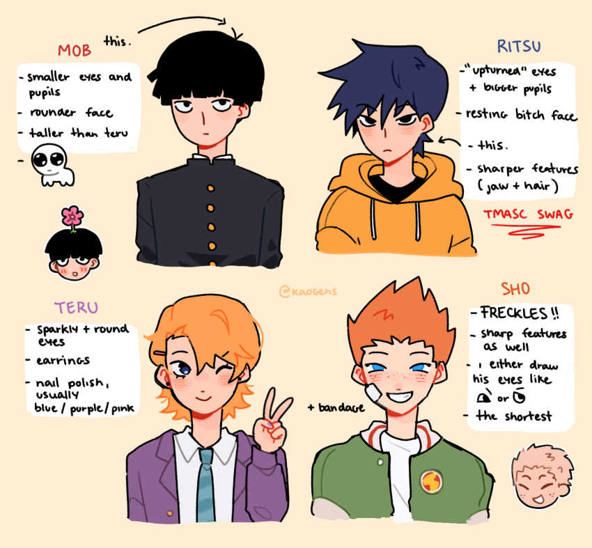 4boys, bandage_on_face, bandages, black_eyes, black_hair, black_jacket, blazer, blonde_hair