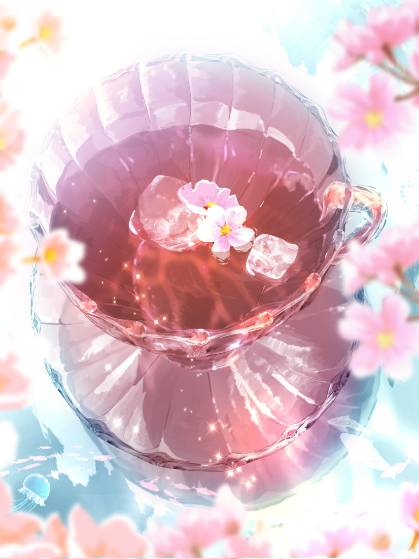 blue_sky, cherry_blossoms, cup, day, glass_plate, glass_saucer, glass_teacup, highres