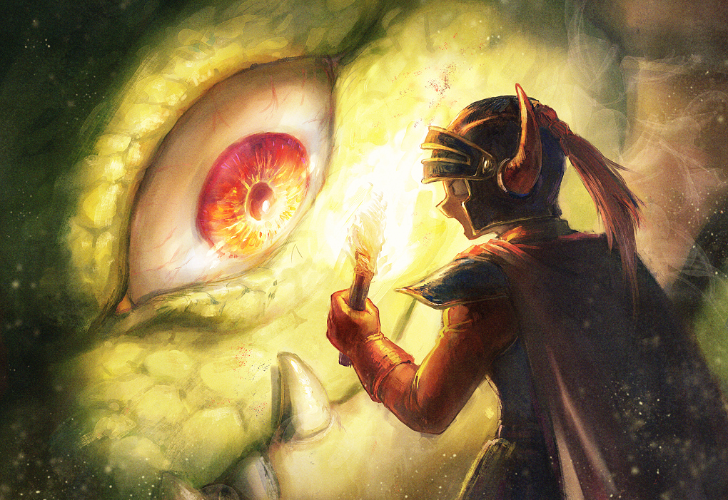 1boy, armor, cape, dragon, dragon_quest, dragon_quest_i, fake_horns, gloves, green_dragon_(dragon_quest), helmet, hero_(dq1), holding, holding_torch, horned_helmet, horns, long_sleeves, looking_at_another, male_focus, open_mouth, orange_shirt, red_cape, red_eyes, red_gloves, scales, shirt, shoulder_armor, size_difference, smoke, torch, upper_body, yuza