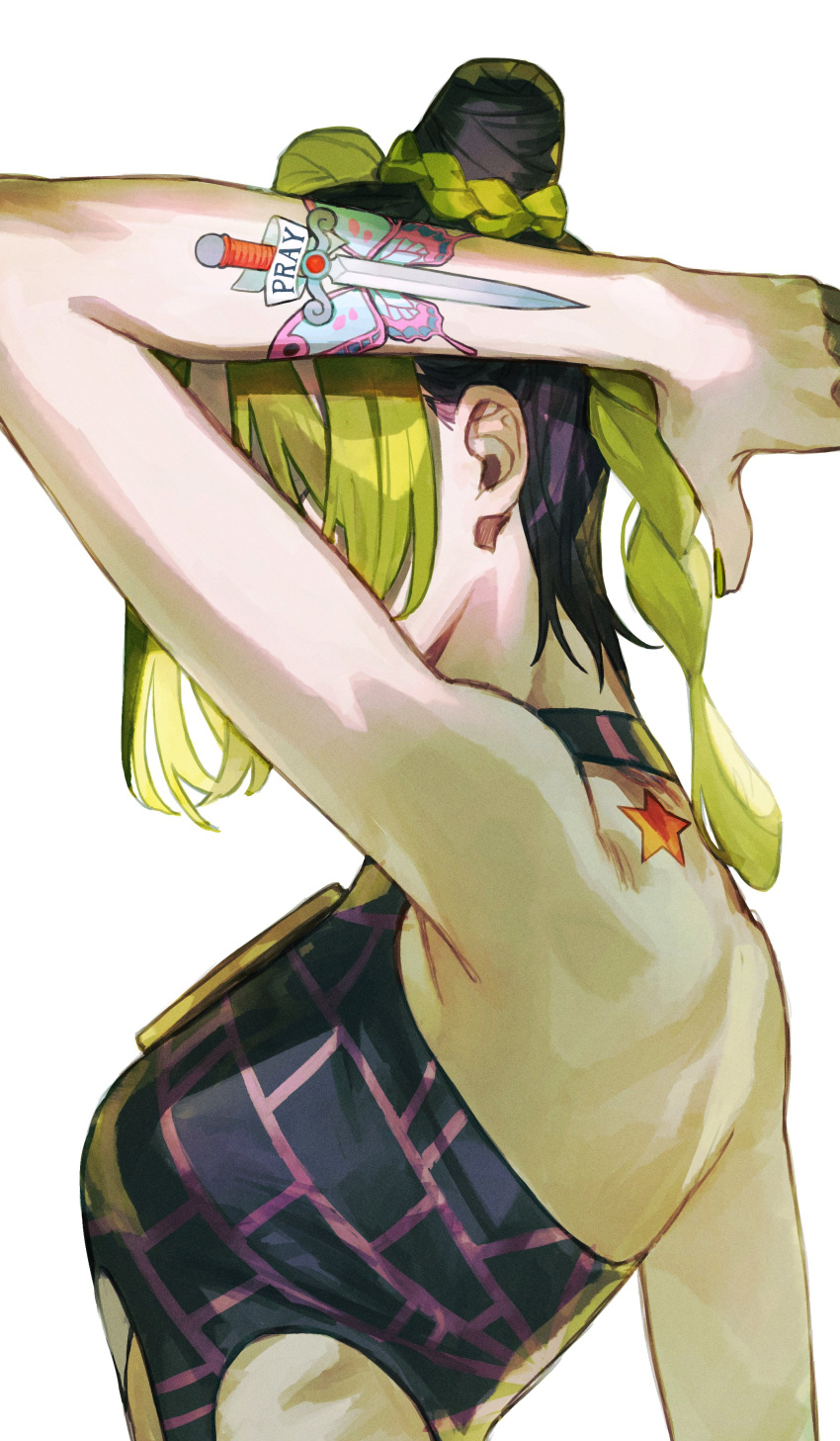 1girl, absurdres, arm_tattoo, arm_up, black_hair, double_bun, green_hair, green_nails, hair_bun, highres, jojo_no_kimyou_na_bouken, kujo_jolyne, multicolored_hair, solo, stone_ocean, tattoo, temu_(tem27)