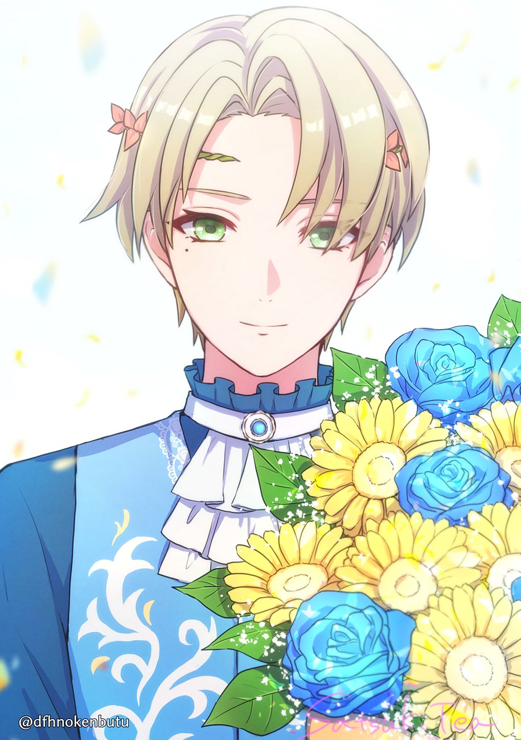 1boy, alfred_(fire_emblem), ascot, blonde_hair, blue_shirt, circlet, closed_mouth, dfhnokenbutu