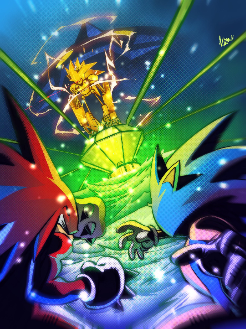 1other, 2boys, animal_ears, blue_fur, boxing_gloves, closed_eyes, covering_own_eyes, electricity