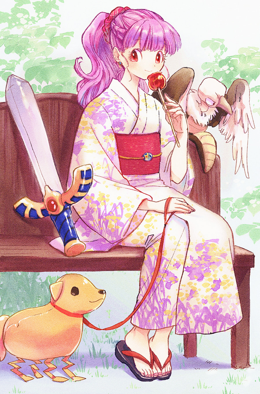 1girl, balloon_animal, balloon_sword, bird, blunt_bangs, blush, candy_apple, chimaera_(dragon_quest), closed_mouth, commentary_request, dragon_quest, dragon_quest_ii, earrings, flat_chest, floral_print, food, full_body, hair_ornament, hair_scrunchie, high_ponytail, highres, holding, holding_food, japanese_clothes, jewelry, kimono, long_hair, looking_at_viewer, obi, on_bench, outdoors, pink_nails, princess_of_moonbrook, red_eyes, sash, scrunchie, sitting, sitting_on_bench, smile, violet_eyes, yuza, zouri