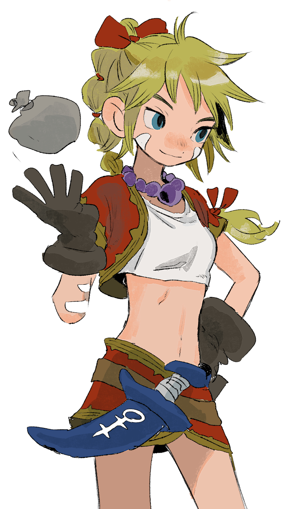 1girl, bead_necklace, beads, blonde_hair, blue_eyes, bodypaint, breasts, brown_gloves
