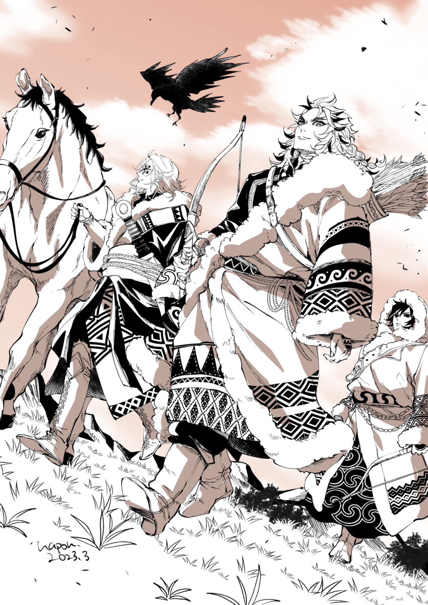 3boys, alternate_costume, animal, arms_at_sides, arrow_(projectile), bird, bow_(weapon), colored_tips, crow, day, dutch_angle, facepaint, facial_mark, floating_hair, forked_eyebrows, fur_trim, grass, highres, holding, holding_bow_(weapon), holding_reins, holding_weapon, horse, kimetsu_no_yaiba, long_hair, long_sleeves, looking_at_viewer, looking_away, looking_to_the_side, male_focus, meadow, medium_hair, monochrome, mountainous_horizon, multicolored_hair, multiple_boys, nature, nyapon, orange_sky, outdoors, profile, quiver, reins, rengoku_kyoujurou, robe, shoe_soles, sky, sleeves_past_wrists, smile, streaked_hair, sword, tomioka_giyuu, traditional_clothes, uzui_tengen, walking, weapon, wide_sleeves, wind