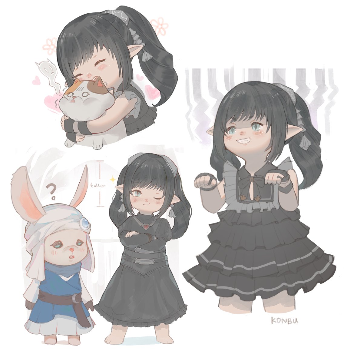 1girl, 1other, :d, ?, barefoot, black_bow, black_bowtie, black_dress