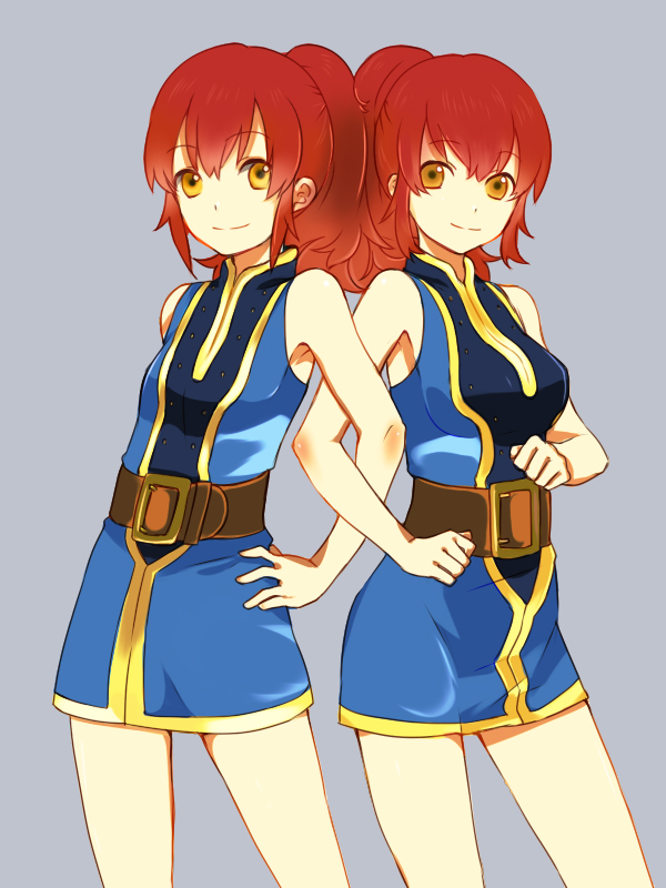 belt, chastel_aiheap, grey_background, hisca_aiheap, hisuka_aiheap, multiple_girls, nanamura, ponytail