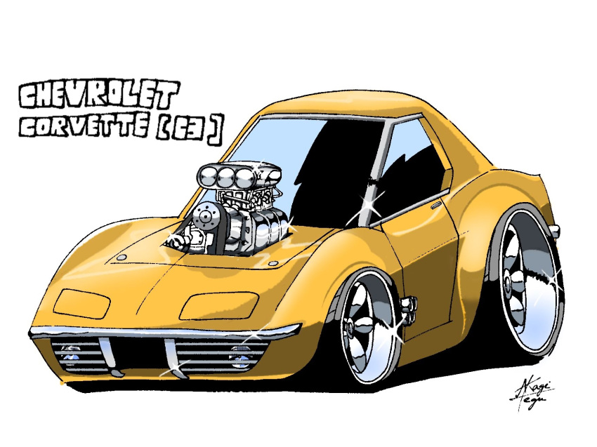 artist_name, car, chevrolet, chevrolet_corvette, chevrolet_corvette_c3, chibi, engine, glint, highres, motor_vehicle, no_humans, original, signature, sports_car, tegran, vehicle_focus, vehicle_name, white_background, yellow_car