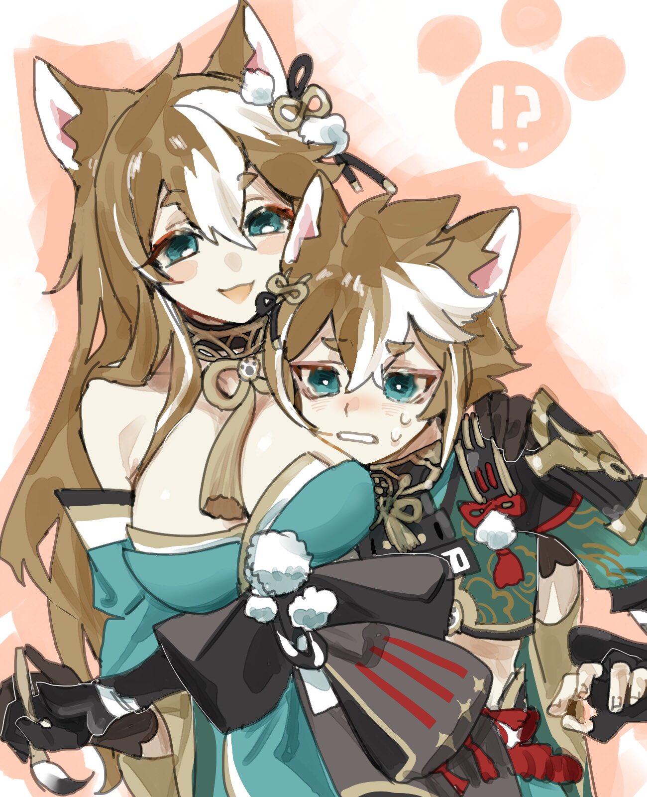 !?, 1boy, 1girl, animal_ears, aqua_dress, aqua_eyes, arm_around_shoulder, bare_shoulders, black_gloves, breasts, crop_top, detached_sleeves, dog_boy, dog_ears, dog_girl, dress, fingerless_gloves, genderswap, genderswap_(mtf), genshin_impact, gloves, gorou_(genshin_impact), hair_between_eyes, hand_on_another's_shoulder, highres, hina_(genshin_impact), igote, japanese_clothes, large_breasts, long_hair, multicolored_hair, orange_hair, parted_lips, smile, streaked_hair, sweatdrop, talesofmea, upper_body, white_hair