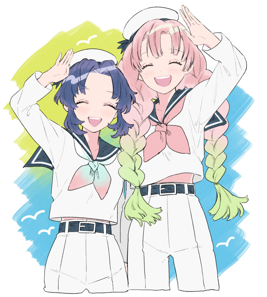 1girl, 2girls, ^_^, alternate_costume, arm_up, belt, blue_hair, braid