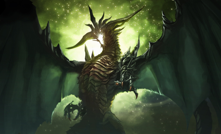 bahamut_(shingeki_no_bahamut), black_scales, dragon, fantasy, glowing, glowing_eyes, glowing_mouth, hanekura_bou
