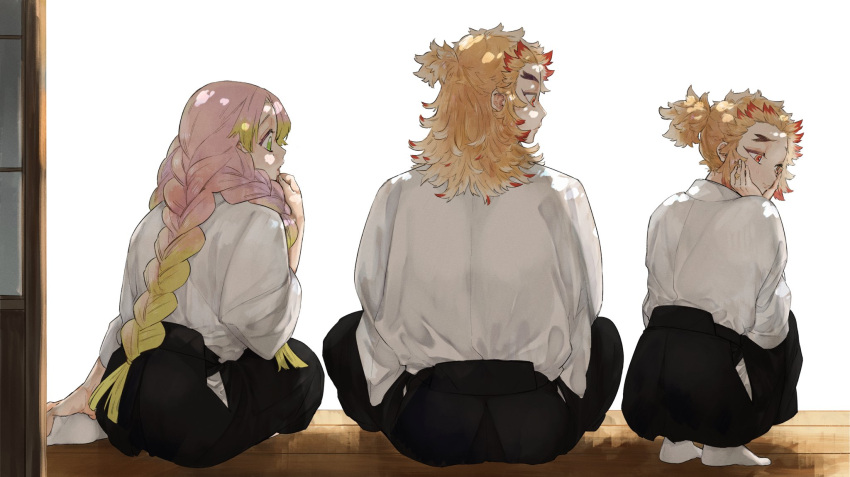 1girl, 2boys, black_hakama, blonde_hair, braid, brothers, colored_tips, forked_eyebrows, from_behind, gradient_hair, green_hair, hair_over_shoulder, hakama, half_updo, hands_on_own_cheeks, hands_on_own_face, head_rest, highres, hug, indian_style, japanese_clothes, kanroji_mitsuri, kimetsu_no_yaiba, kimono, long_hair, long_sleeves, looking_at_another, looking_away, looking_to_the_side, medium_hair, multicolored_eyes, multicolored_hair, multiple_boys, ohagigaumai, on_floor, pink_hair, ponytail, profile, red_eyes, redhead, rengoku_kyoujurou, rengoku_senjurou, siblings, side-by-side, sitting, sliding_doors, socks, squatting, streaked_hair, tri_braids, tri_tails, two-tone_hair, veranda, white_background, white_kimono, white_socks, wooden_floor, yellow_eyes, yokozuwari