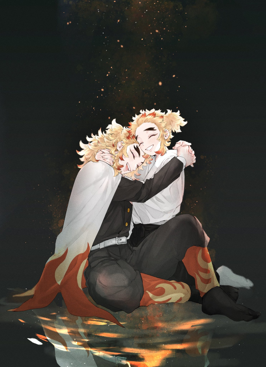 2boys, belt, black_background, black_hakama, black_pants, black_socks, blonde_hair, brothers