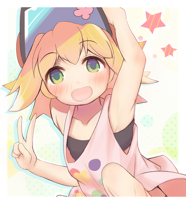 1girl, amitie_(puyopuyo), blonde_hair, blush, green_eyes, looking_at_viewer, open_mouth, puyopuyo, puyopuyo_quest, short_hair, sia_graph, solo, star_(symbol), swimsuit, v