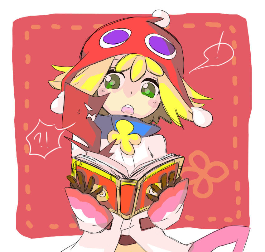 !, !?, 1girl, amitie_(puyopuyo), blonde_hair, book, gloves, green_eyes, highres, holding, holding_book, keikou_midori_(753064), long_sleeves, looking_to_the_side, one-hour_drawing_challenge, open_mouth, puyopuyo, puyopuyo_fever, red_amitie, red_background, red_headwear, short_hair