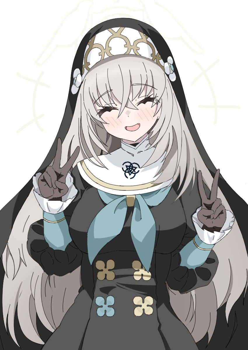 1girl, black_dress, black_gloves, blue_archive, blue_neckerchief, closed_eyes, crossed_bangs, double_v