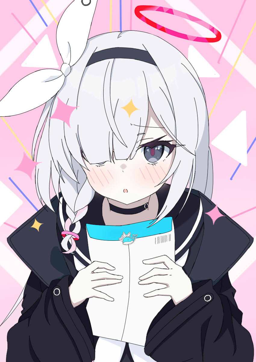 1girl, black_choker, black_eyes, black_hairband, black_serafuku, blue_archive, blush, braid
