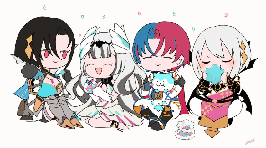 2boys, 2girls, :d, alear_(fire_emblem), alear_(male)_(fire_emblem), black_hair, blue_hair, chibi