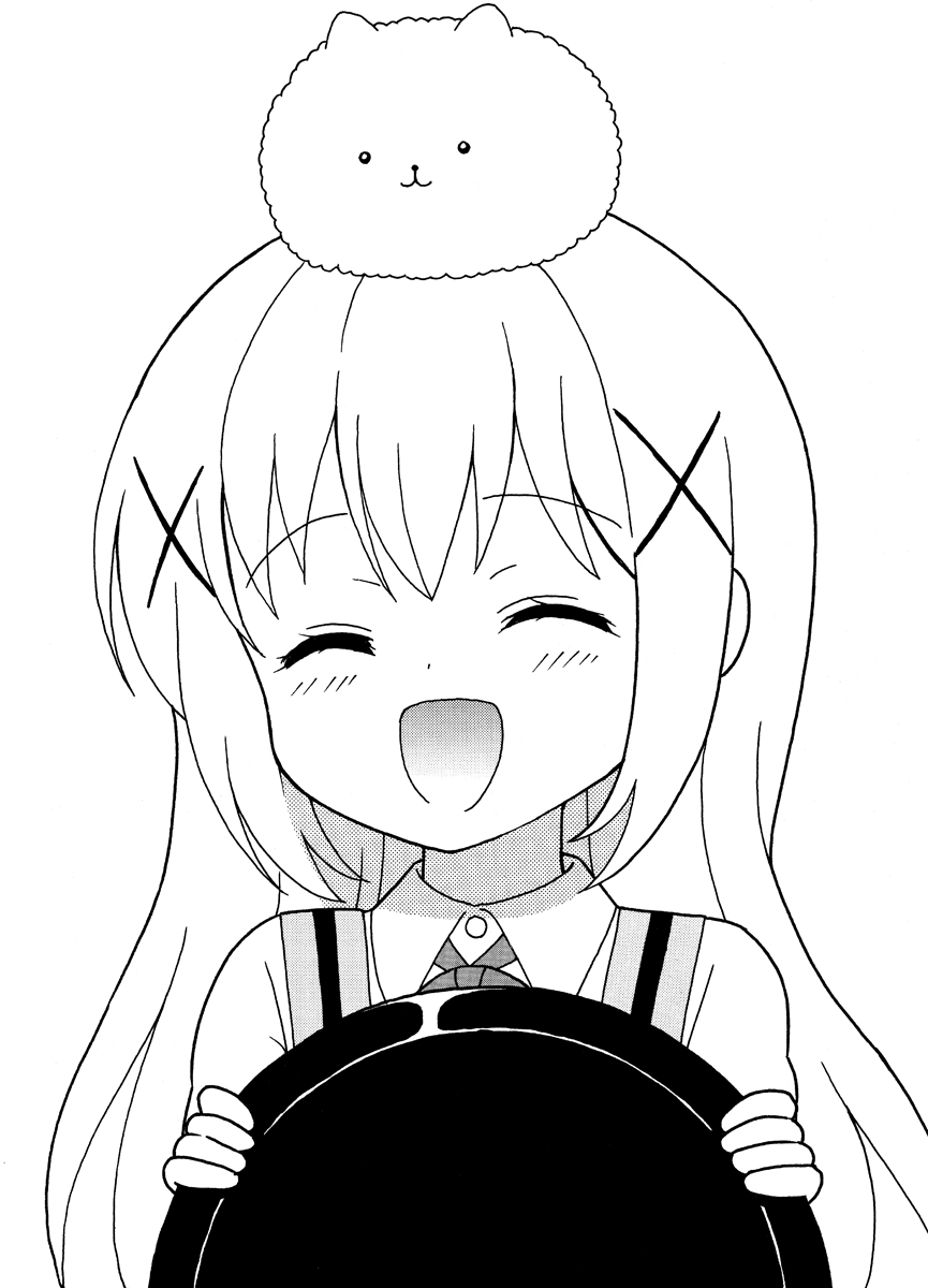 1girl, :3, :d, ^_^, angora_rabbit, animal, animal_on_head, apron