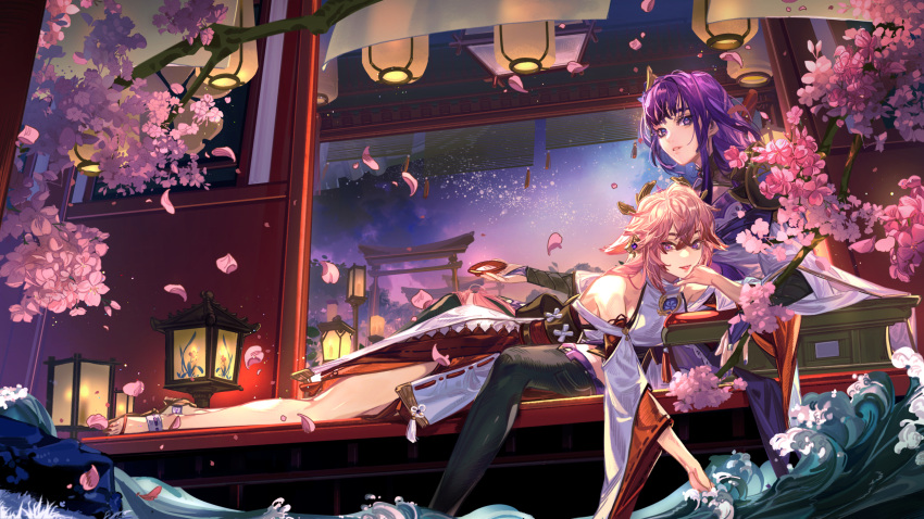 2girls, architecture, cherry_blossoms, cup, east_asian_architecture, euclase, genshin_impact, hair_ornament