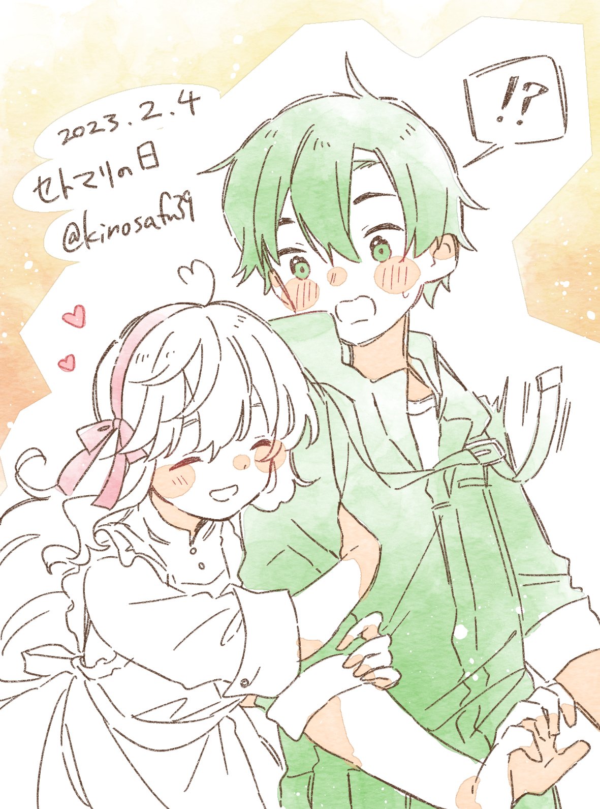 !?, 1boy, 1girl, :d, ahoge, alternate_eye_color, alternate_hair_color, apron