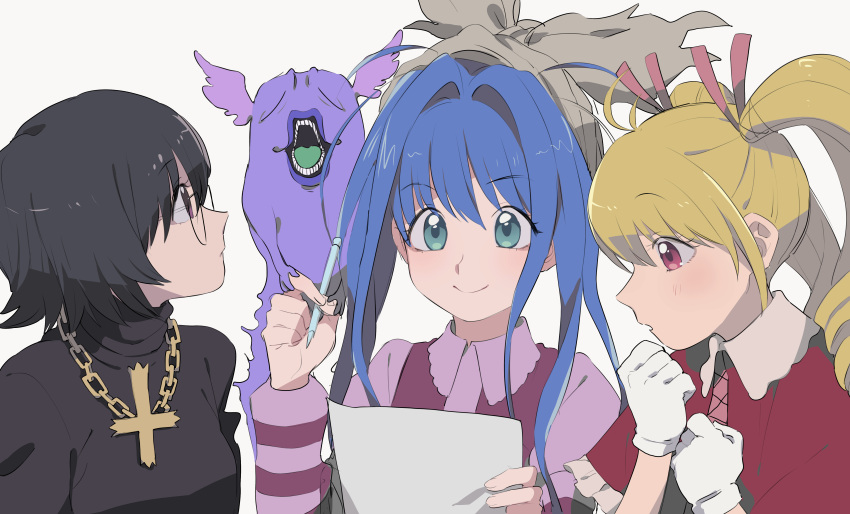 3girls, absurdres, biscuit_krueger, black_hair, blonde_hair, chain_necklace, closed_mouth, cross