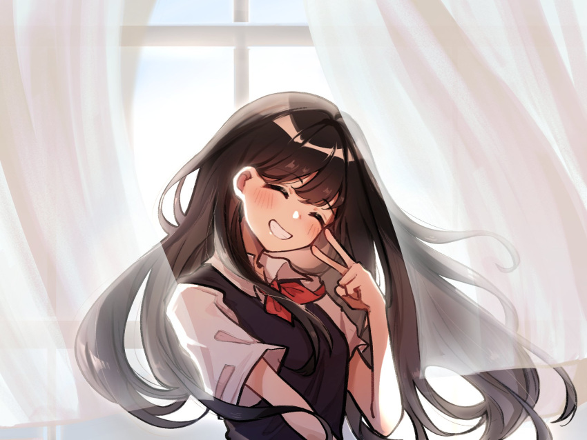 1girl, black_hair, blush, closed_eyes, collared_shirt, curtains, facing_viewer, grin, highres, long_hair, mari_(omori), omori, parted_lips, rofekinoko, shirt, short_sleeves, smile, solo, spoilers, teeth, upper_body, v, white_shirt, window