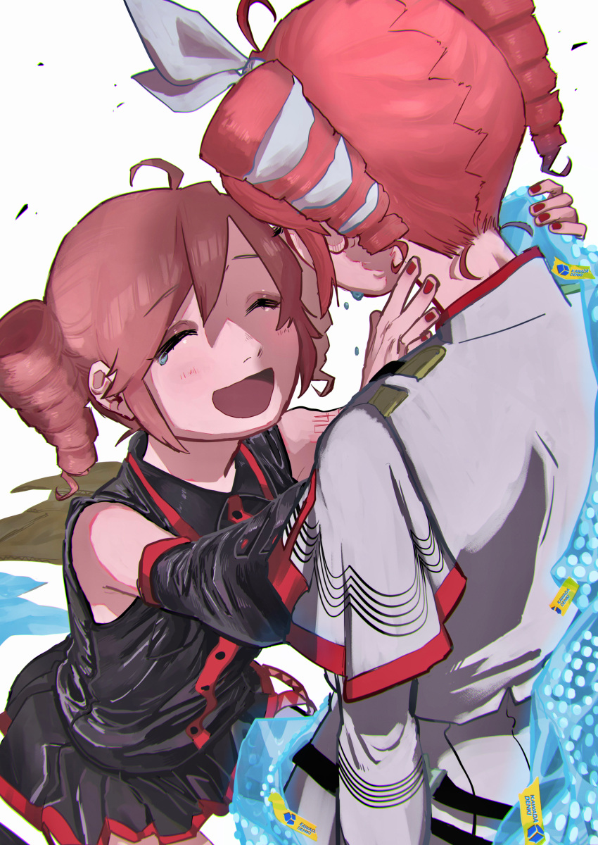 2girls, absurdres, ahoge, arms_around_neck, arms_at_sides, arms_up, bare_shoulders, black_shirt, black_skirt, blush, bow, bubble_wrap, closed_eyes, collared_shirt, commentary_request, crying, detached_sleeves, drill_hair, dual_persona, epaulettes, facing_another, facing_away, facing_down, goechipi, grey_shirt, grey_skirt, hair_bow, high_collar, highres, kasane_teto, kasane_teto_(sv), long_sleeves, looking_at_another, multiple_girls, nape, number_tattoo, open_mouth, pleated_skirt, reaching, red_nails, redhead, shirt, short_hair, shoulder_tattoo, skirt, sleeveless, sleeveless_shirt, smile, synthesizer_v, tattoo, tearing_up, tears, twin_drills, uniform, utau, white_background, white_bow