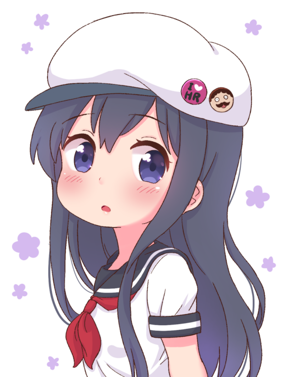 1girl, black_hair, black_sailor_collar, blush, character_pin, commentary_request, double-parted_bangs, floral_background, hair_between_eyes, hat_pin, higero_(wataten), highres, long_hair, looking_to_the_side, neckerchief, parted_lips, red_neckerchief, sailor_collar, shirosaki_hana, shirt, short_sleeves, sidelocks, simple_background, solo, tanukikouji_midori, upper_body, violet_eyes, watashi_ni_tenshi_ga_maiorita!, white_background, white_headwear, white_shirt