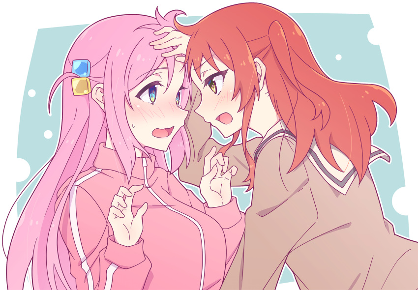 2girls, arm_up, blue_background, blue_eyes, blush, bocchi_the_rock!, breasts, brown_eyes