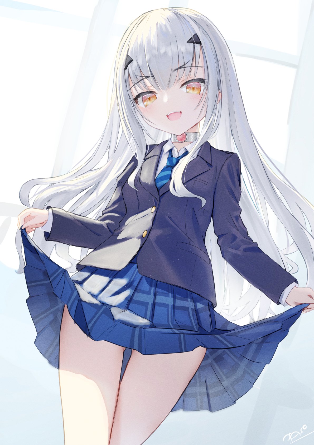 asobeco, bare_legs, black_jacket, blue_necktie, blue_skirt, clothes_lift, collared_shirt, commentary_request, fairy_knight_lancelot_(fate), fate/grand_order, fate_(series), hair_ornament, highres, jacket, long_hair, long_sleeves, looking_at_viewer, necktie, open_mouth, school_uniform, shirt, simple_background, skirt, skirt_lift, solo, standing, striped_necktie, white_hair, yellow_eyes