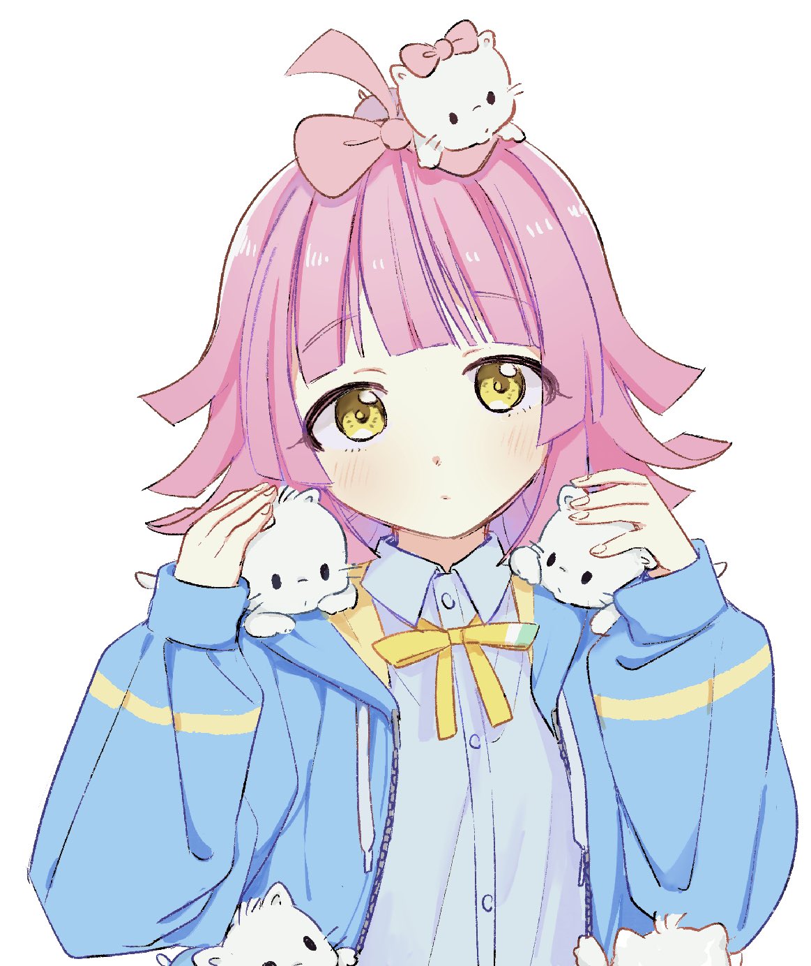 1girl, ahoge, animal_on_head, animal_on_shoulder, blue_jacket, blunt_bangs, blunt_ends, blush