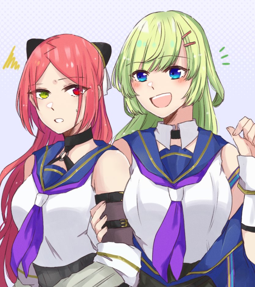 2girls, :d, arm_at_side, arm_belt, assault_lily, bare_shoulders, belt, belt_buckle