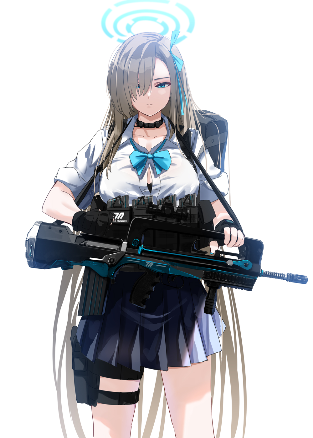 1girl, assault_rifle, asuna_(blue_archive), blonde_hair, blue_archive, blue_eyes, blue_necktie, blue_skirt