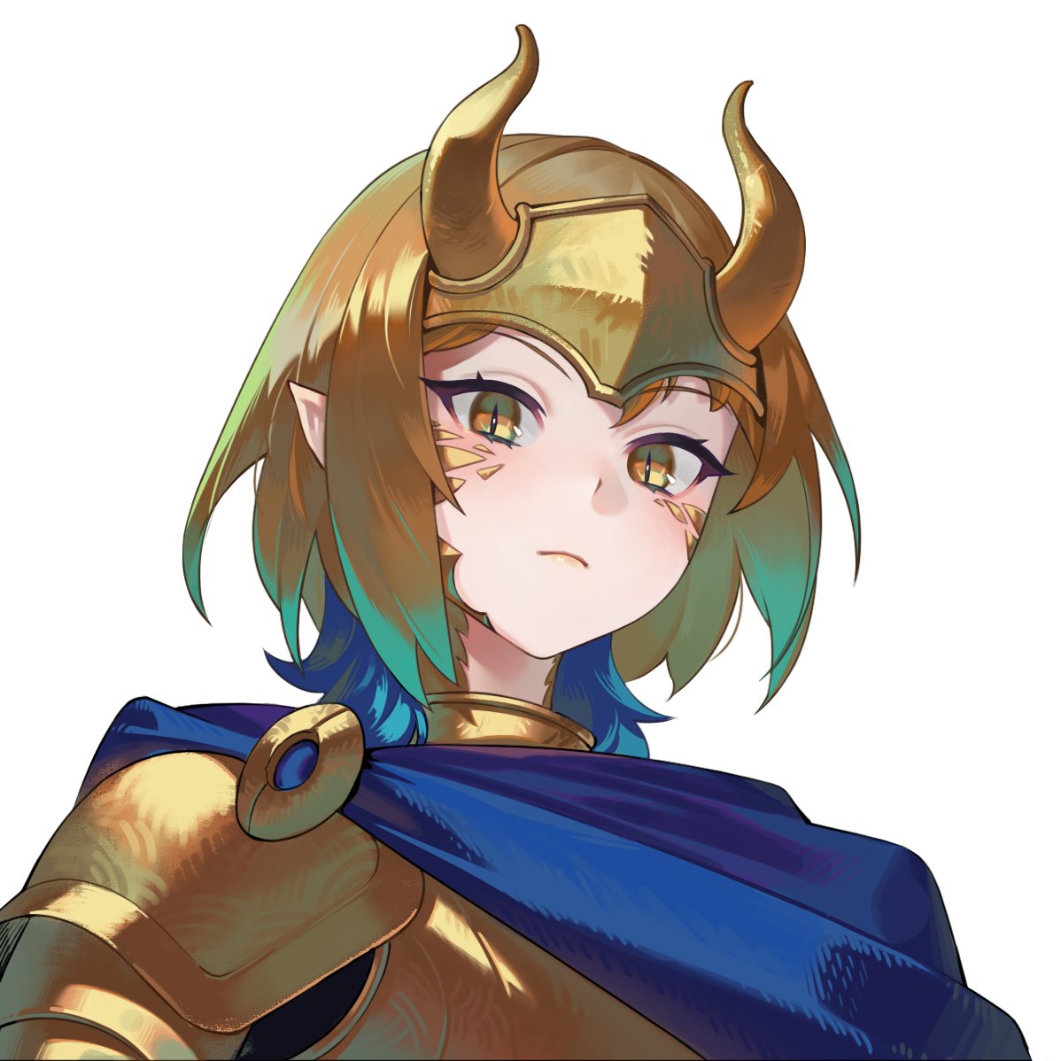 1girl, armor, blonde_hair, blue_hair, commentary, dragon_girl, dragon_horns, expressionless