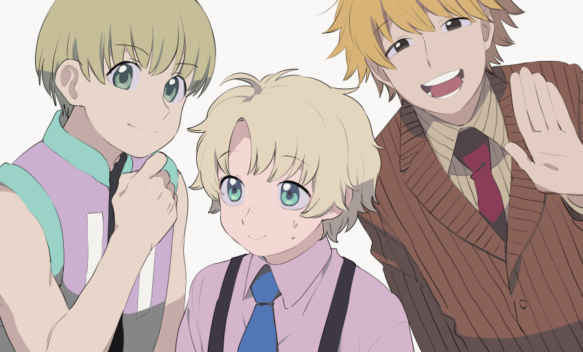 3boys, :d, absurdres, black_eyes, blonde_hair, blue_necktie, character_request, closed_mouth