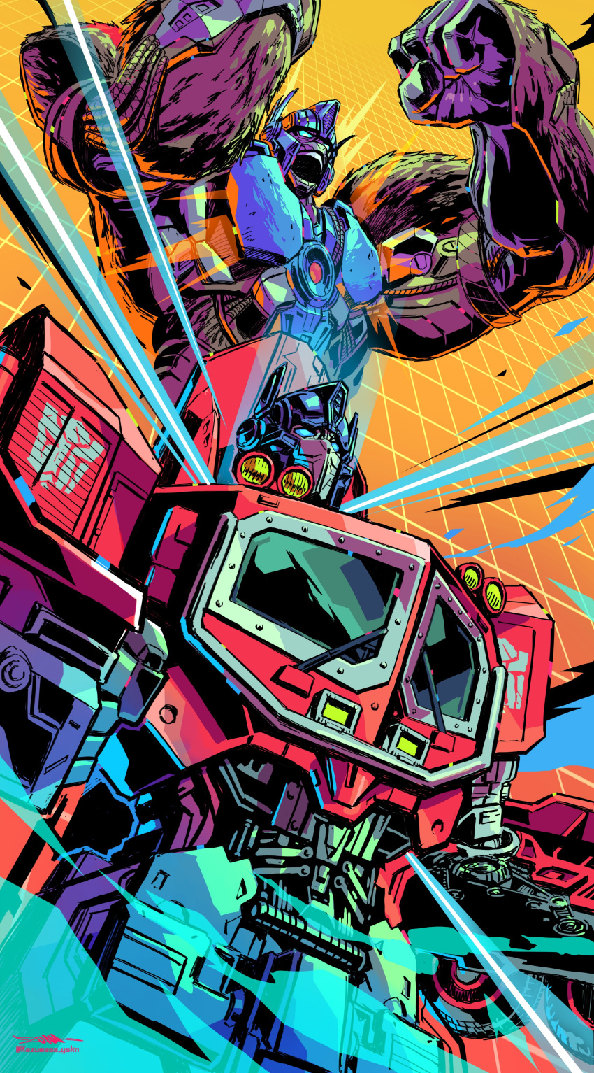 absurdres, arms_up, autobot, blue_eyes, clenched_hand, highres, insignia, looking_ahead