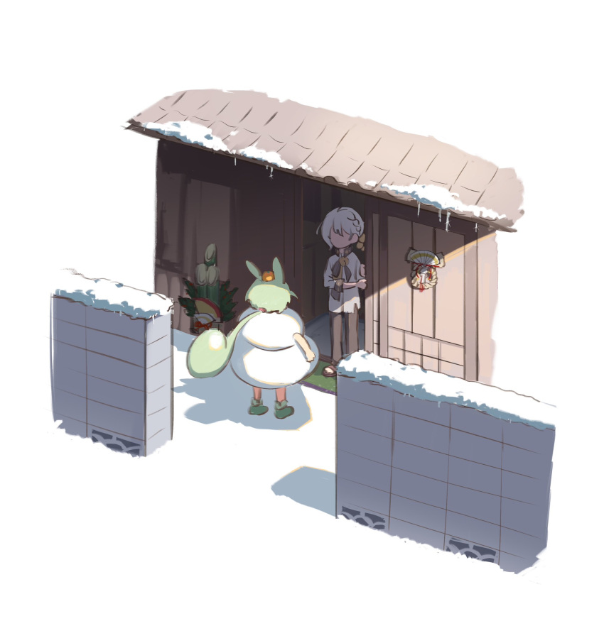 1boy, 1girl, alternate_costume, bell, black_pants, black_ribbon, braid, faceless, faceless_male, facing_another, food, food-themed_clothes, food_on_head, from_above, fruit, fruit_on_head, green_footwear, green_hair, highres, house, iori_yuzuru, jingle_bell, kadomatsu, kagami_mochi, long_hair, looking_at_another, low_ponytail, mandarin_orange, neck_bell, neck_ribbon, new_year, object_on_head, ononoono, opening_door, pants, ribbon, sandals, shirt, short_hair, side_braid, sleeves_past_elbows, sliding_doors, snow, standing, stone_wall, voiceroid, voicevox, wall, white_hair, white_shirt, wide_shot, zundamon