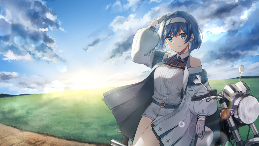 1girl, arm_up, bare_shoulders, belt, blue_belt, blue_eyes, blue_hair, blue_ribbon, blue_sky, cevio, chain, closed_mouth, clouds, cloudy_sky, collared_shirt, commentary_request, cowboy_shot, dirt_road, english_commentary, floating_hair, gloves, gold_chain, grass, hairband, half_gloves, halterneck, hand_in_own_hair, highres, hill, jacket, leaning_on_object, lens_flare, light_smile, long_sleeves, mixed-language_commentary, morning, motor_vehicle, motorcycle, neck_ribbon, off-shoulder_jacket, off_shoulder, ononoono, open_clothes, open_jacket, outdoors, puffy_long_sleeves, puffy_sleeves, quilted_clothes, ribbon, road, shirt, short_hair, short_shorts, shorts, sky, solo, sunrise, suzuki_tsudumi, white_gloves, white_hairband, white_shirt, white_shorts