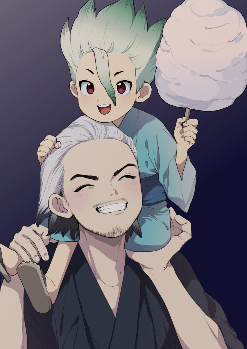 2boys, :d, ^_^, absurdres, black_hair, black_kimono, child, closed_eyes, dr._stone, facing_viewer, father_and_son, green_hair, grin, highres, ishigami_byakyuya, ishigami_senkuu, japanese_clothes, kimono, kojirou_(kojirou_sousaku), looking_at_viewer, male_focus, multicolored_hair, multiple_boys, on_shoulder, open_mouth, smile, spiky_hair, two-tone_hair, white_hair, yukata