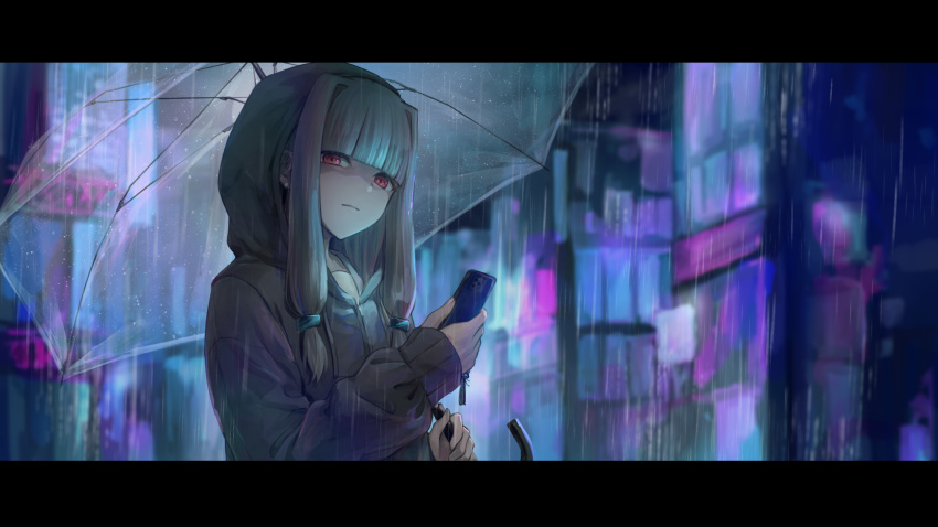 1girl, black_hoodie, blue_hair, blunt_bangs, blurry, blurry_background, cellphone, city