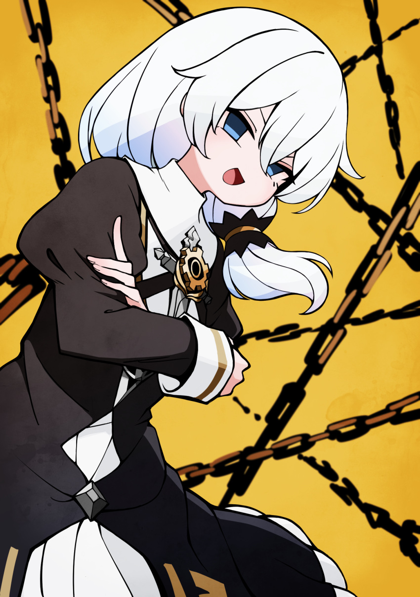 1girl, blue_eyes, chain, commentary_request, crossed_arms, dress, hair_between_eyes, highres