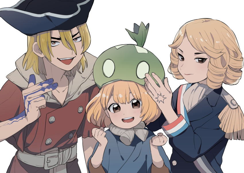 1boy, 2girls, :d, absurdres, belt, blonde_hair, brown_eyes, closed_mouth, dr._stone, drill_hair, epaulettes, francois_(dr._stone), hair_between_eyes, hat, highres, jacket, kojirou_(kojirou_sousaku), looking_at_viewer, multiple_girls, nanami_ryuusui, open_mouth, pirate_hat, simple_background, smile, suika_(dr.stone), upper_body, white_background